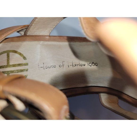 HOUSE OF HARLOW 1960 Vintage style Leather Wedge Heels Sandals Metal Buttons - Picture 3 of 7